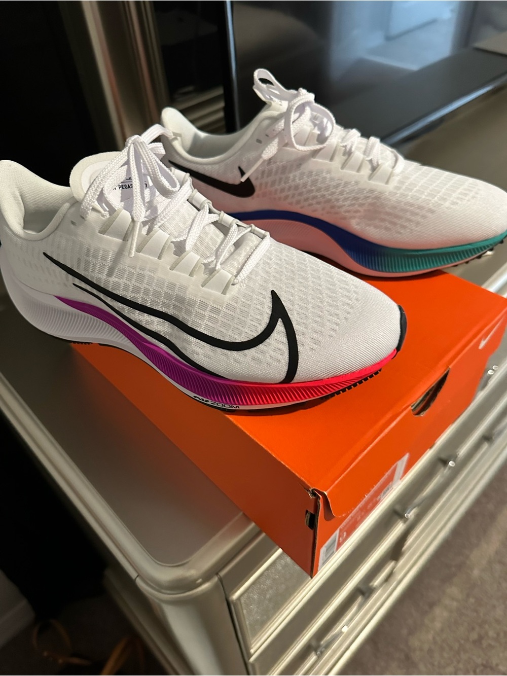 Nike Women's White Running Shoes with Pink and Blue Gradient Midsole